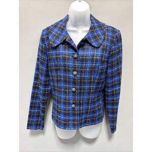 Vintage 90’s K.C Spencer New York Blue Plaid Tweed Boucle Blazer Jacket 8 USA